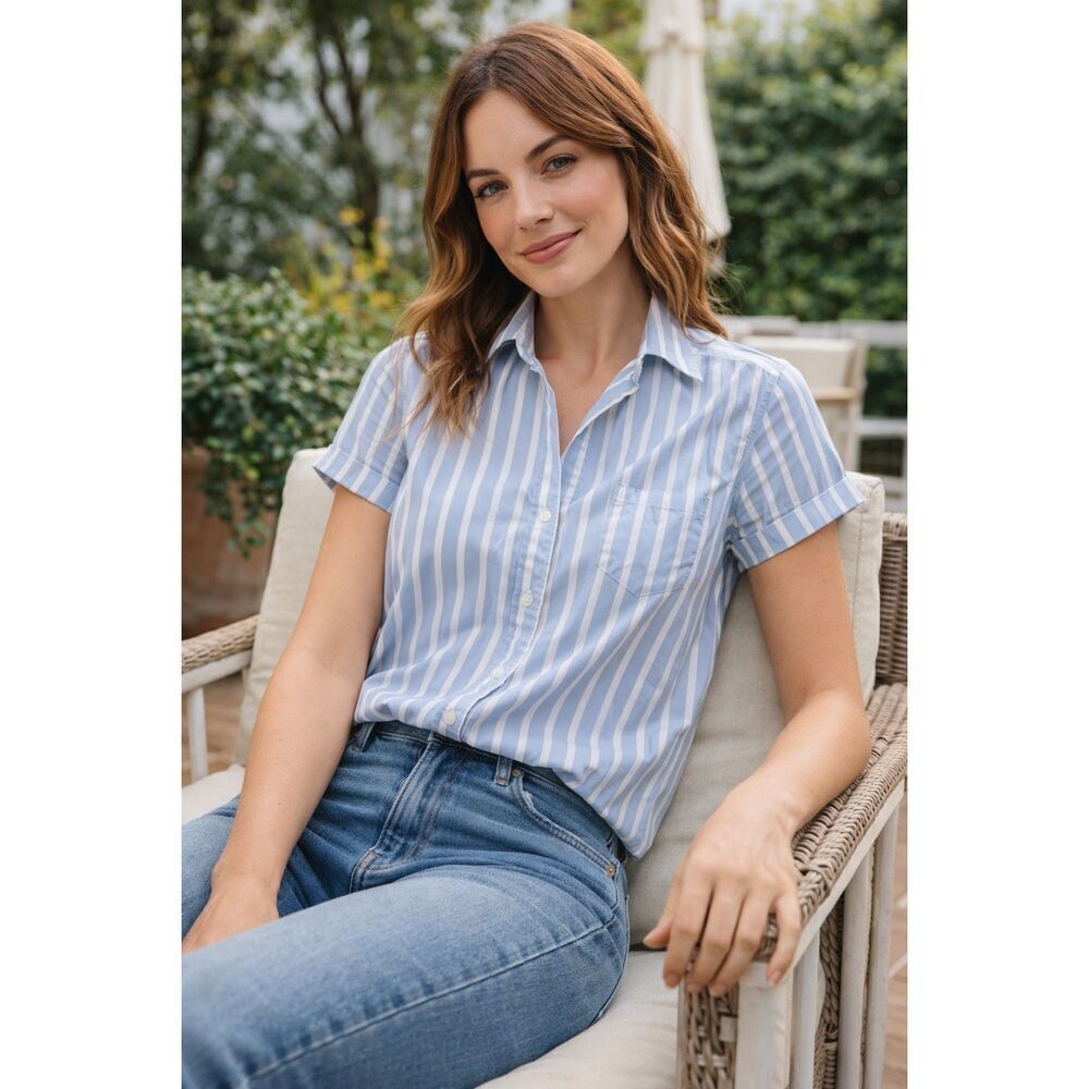 Frank & Eileen Billy Jean Shirt Short Sleeve Blue Stripe 100% Cotton Size S